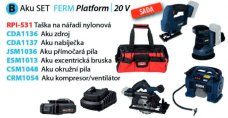 Ferm aku sada nářadí B, taška RPI-531, přímočará pila JSM1036, excentrická bruska ESM1013, okružní pila CSM1048, kompresor CRM1054, zdroj 2.0Ah CDA1136, nabíječka CDA1137
